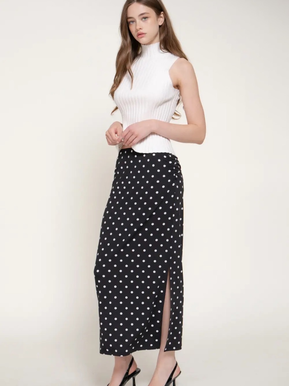 A537. Polka Dot Maxi Skirt with Side Slit - Black & White